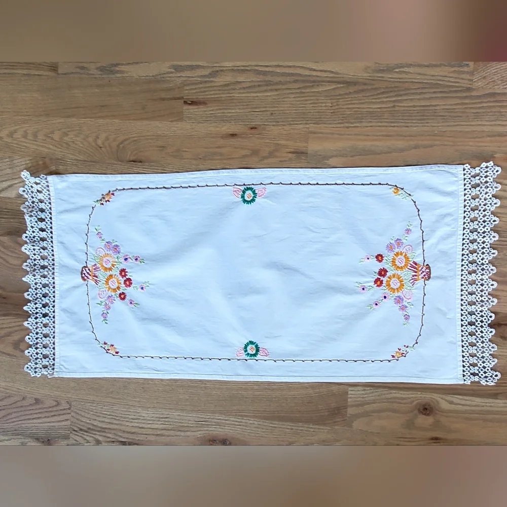 Vintage Handcrafted Needlepoint Flowers Table Runner, Crochet Edge, 37
